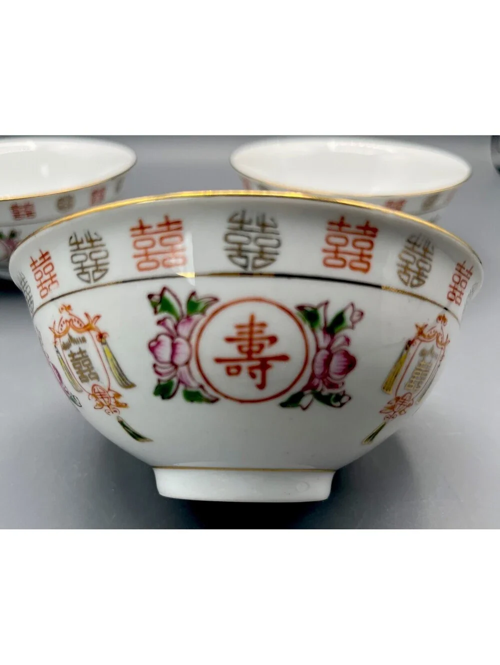 3 Vintage Chinese Porcelain Rice Bowls Double Happiness Longevity Gold Trim
